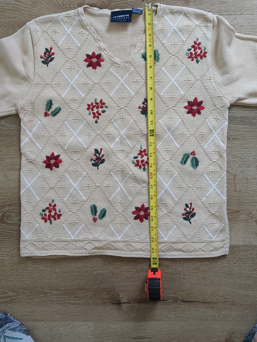 Vintage Liz Sport Cotton Holly Berry Pointsettia Holiday Sweater Medium - Picture 4 of 8